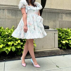 Selkie White Cream Ruffled Mini Dress Sweetheart Puff Sleeves